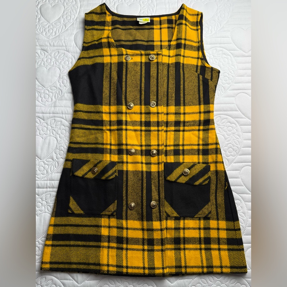 Vintage 1972 Lemon Frog Sears Jumper Black Gold Yellow Plaid Dress Junior 14 - Picture 8 of 13